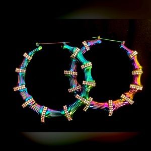 Rainbow unicorn color big hoop bling earrings. Never worn